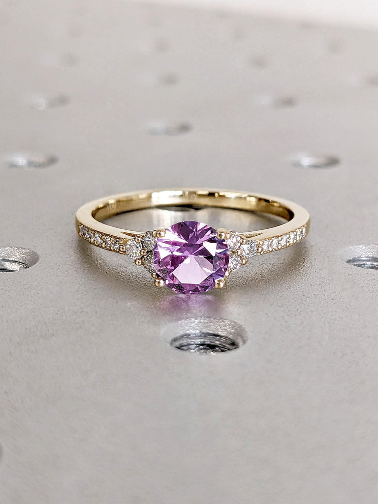 14k 18k Yellow Gold Alexandrite Engagement Ring | Purple Alexandrite | Paved Moissanite Cluster Half Eternity Band | Round cut Handmade Ring