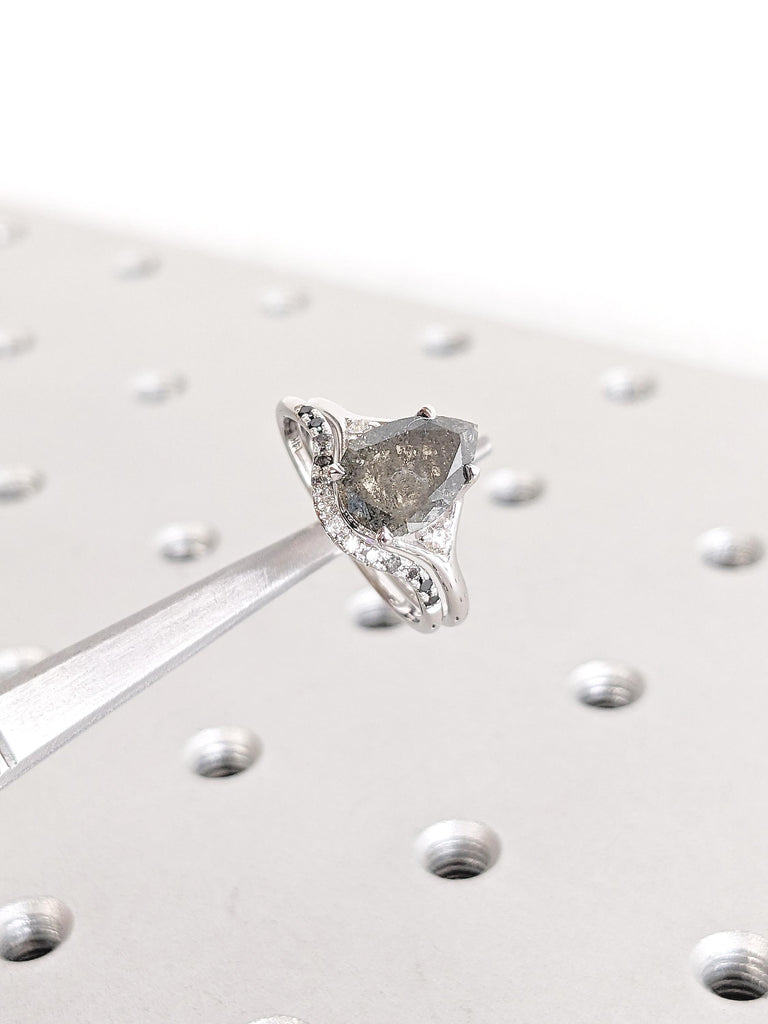 Vintage Salt and Pepper Diamond Ring, Pear Engagement Ring, White Gold Ring, Bridal Set, Hidden Amethyst Ring, Unique Diamond Cluster Ring