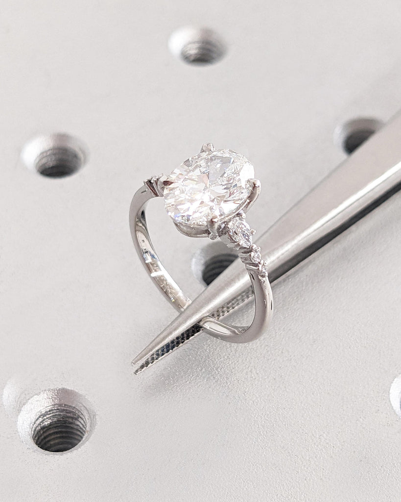 Oval Moissanite Promise Ring, Oval Engagement Ring, Unique Cluster Ring, Vintage Wedding Ring, Platinum or Solid Gold Ring, Anniversary Gift