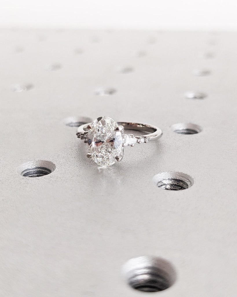 Oval Moissanite Promise Ring, Oval Engagement Ring, Unique Cluster Ring, Vintage Wedding Ring, Platinum or Solid Gold Ring, Anniversary Gift