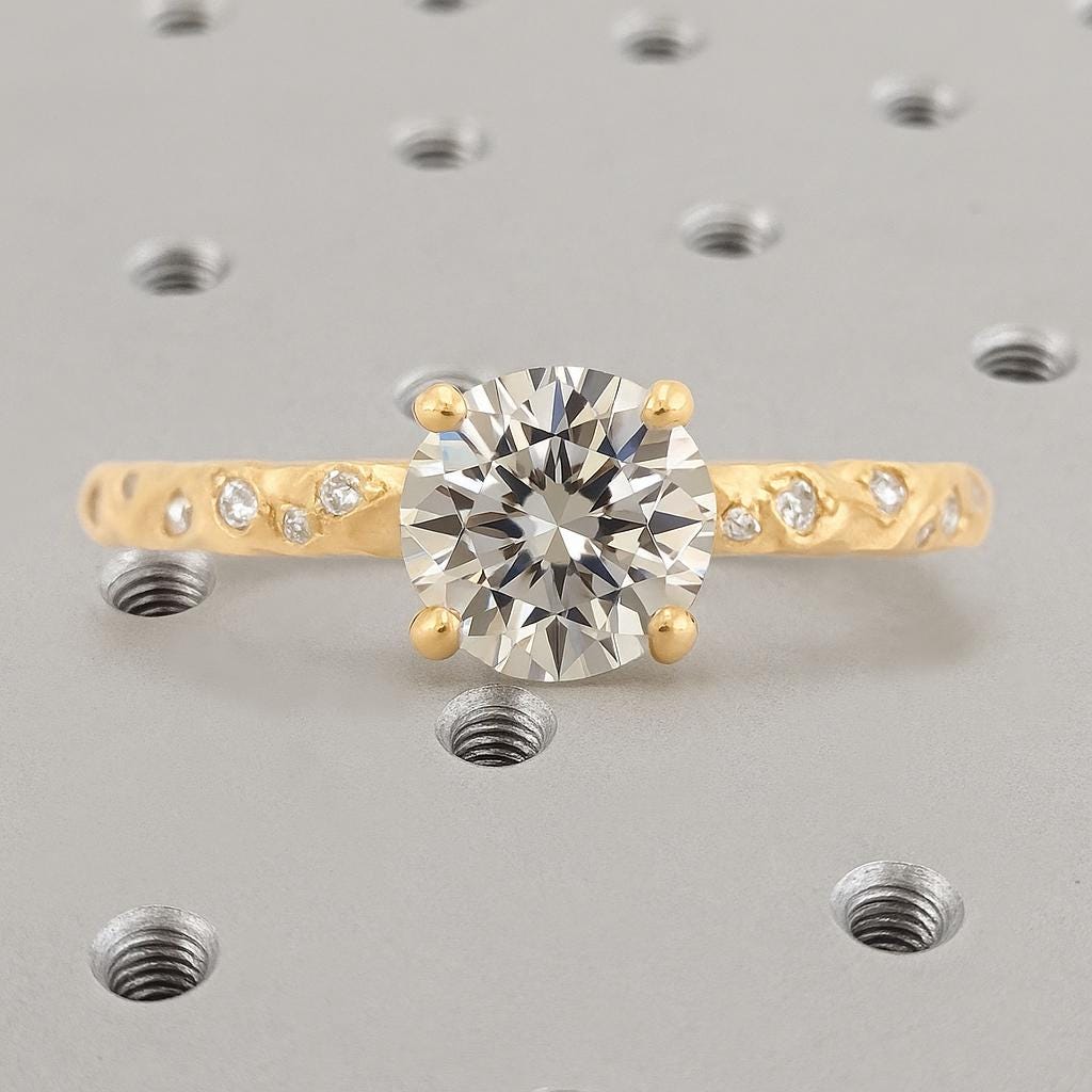 Round Cut Lab Created Diamond Ring, 14K Gold Solitaire Engagement Ring, Hammered Band, Flush Set Diamond Engagement Ring, Promise Ring Women