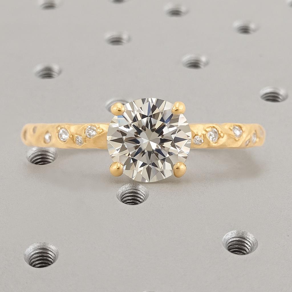 Lab Grown Diamond Solitaire Ring, 14K Gold Round Lab Diamond Engagement Ring, Classic 4-Prong Promise Ring, Flush Set Diamond Hammered Ring