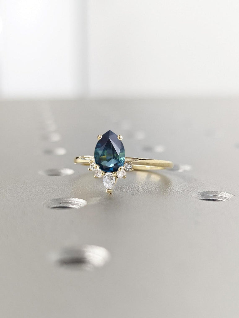 Pear and Round cut Diamond Cluster Ring | Peacock Sapphire Halo Engagement Ring | Wedding Anniversary Gift | Woman Bridal Ring