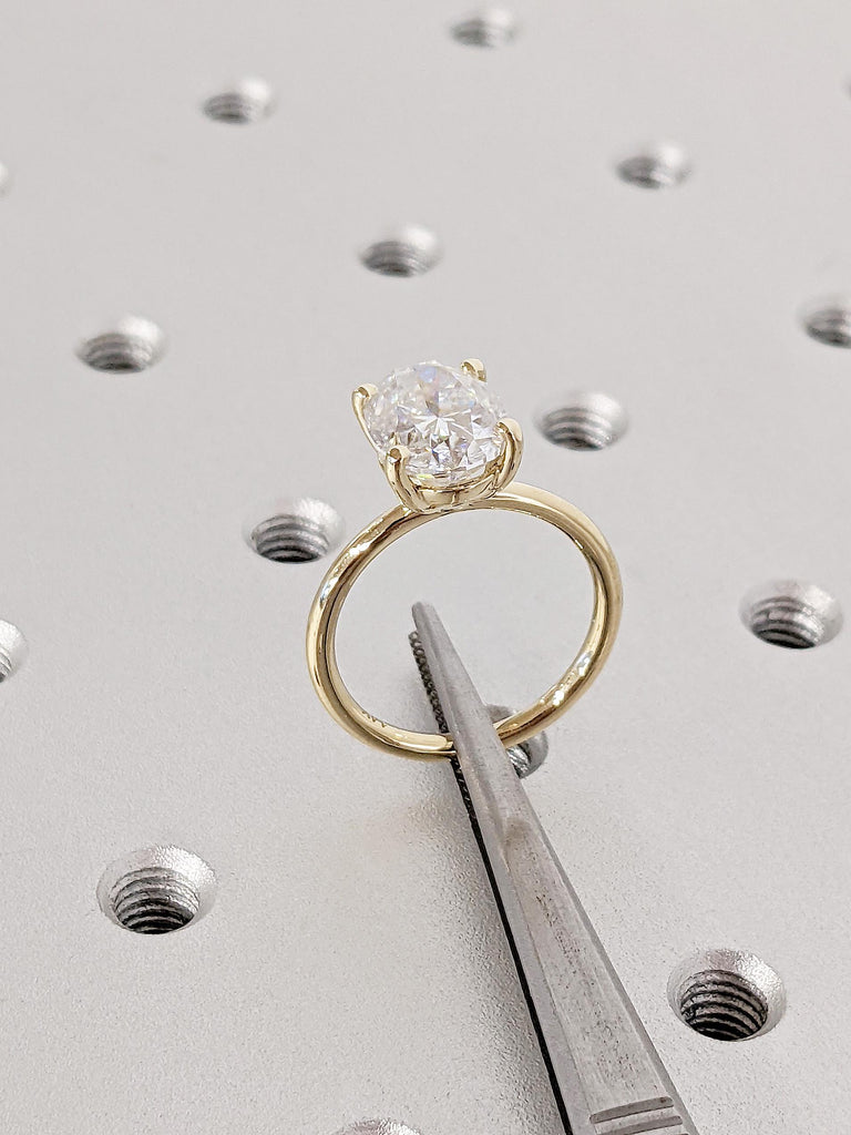 Crushed Ice Oval Moissanite Engagement Ring, 14K Yellow Gold Thin Band Solitaire, Dainty Promise Ring, Gold Rings for Women, Gift For Her