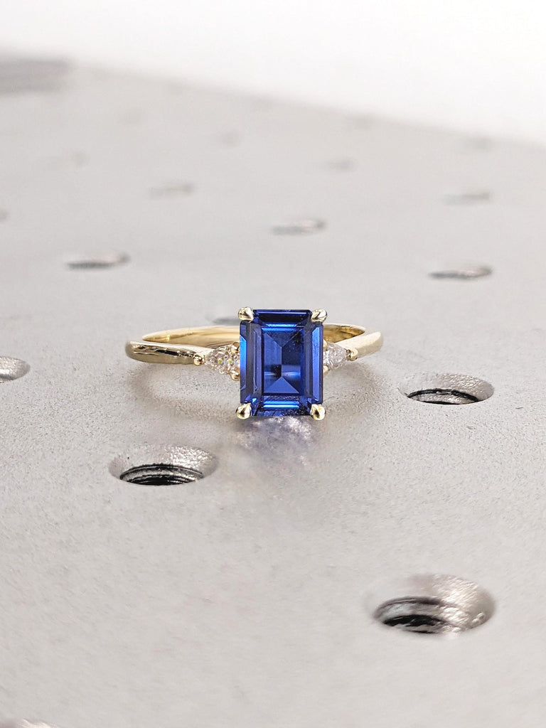 Emerald cut Lab Sapphire Engagement Ring | Minimalist Ring | 14k Gold White Yellow Rose Engagement Ring | Blue Sapphire and Diamond Ring