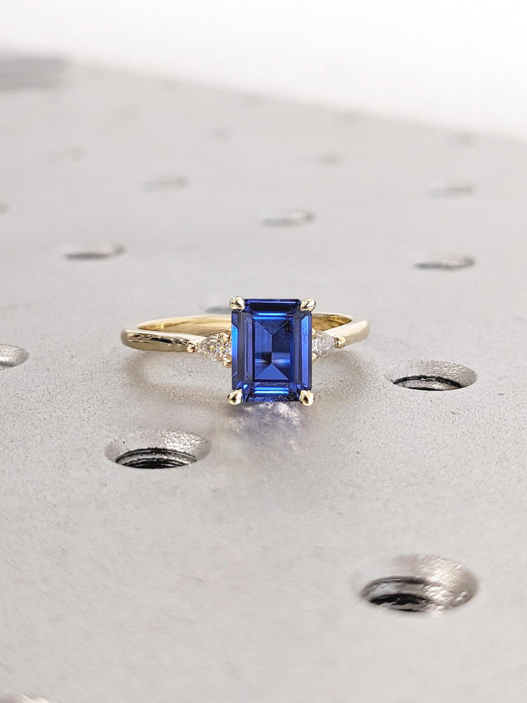 Emerald cut Lab Sapphire Engagement Ring | Minimalist Ring | 14k Gold White Yellow Rose Engagement Ring | Blue Sapphire and Diamond Ring