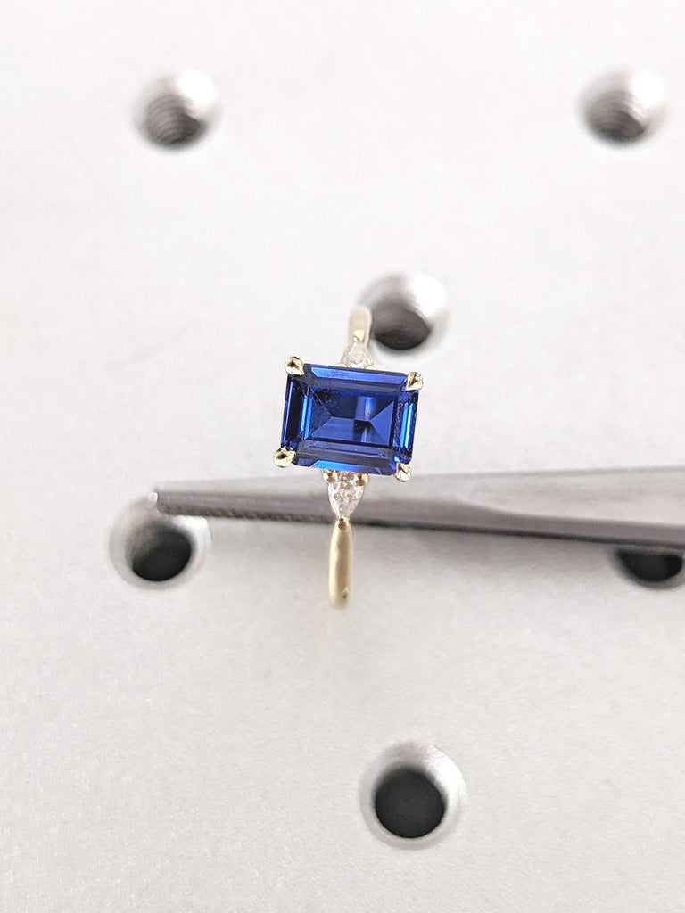 2 Carat, 3CT Blue Sapphire and Diamond Engagement Ring in 14k Yellow Gold | Emerald cut Engagement Ring | Promise Ring | September Birthstone Ring