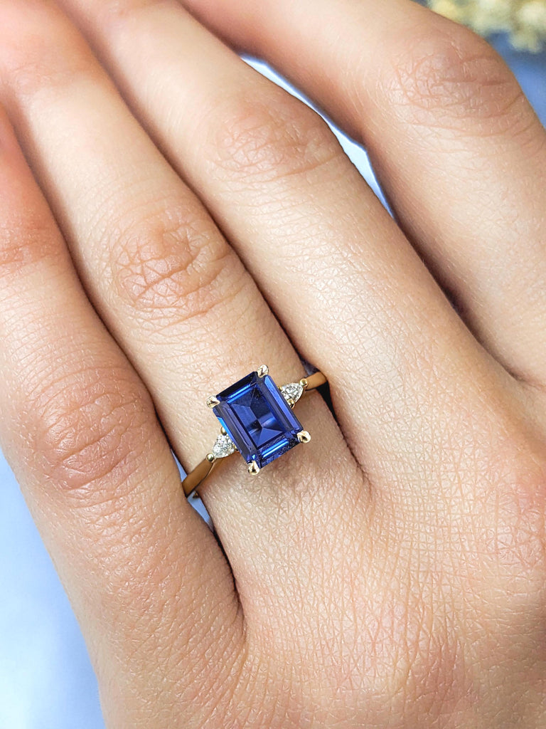 Emerald Cut 2ct Sapphire Engagement Ring | Blue Sapphire Three Stone Wedding Ring | Sapphire Solid Gold Promise Rings For Women