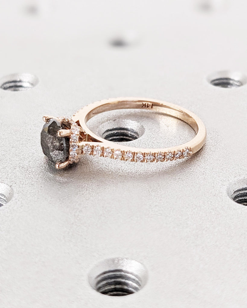 Vintage Salt and Pepper Diamond Engagement Ring, 1.5ct Round Cut, Hidden Halo, Half Eternity Pavé Band, Rose Gold Ring, Promise Ring for Her