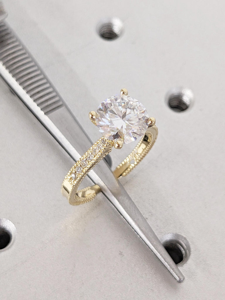Lab Grown Diamond Engagement Ring, 14k Solid Gold Ring, Gold Engagement Ring, Vintage Lab Diamond Ring, Handmade Rings, Round Diamond Ring image #6