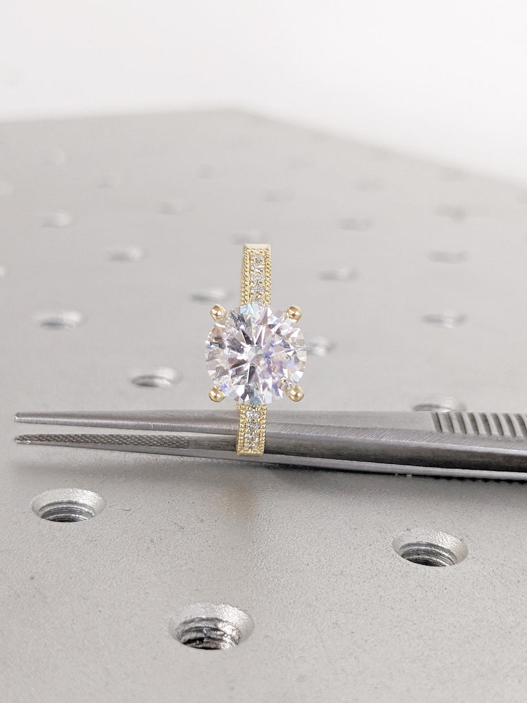 Lab Grown Diamond Engagement Ring, 14k Solid Gold Ring, Gold Engagement Ring, Vintage Lab Diamond Ring, Handmade Rings, Round Diamond Ring image #5