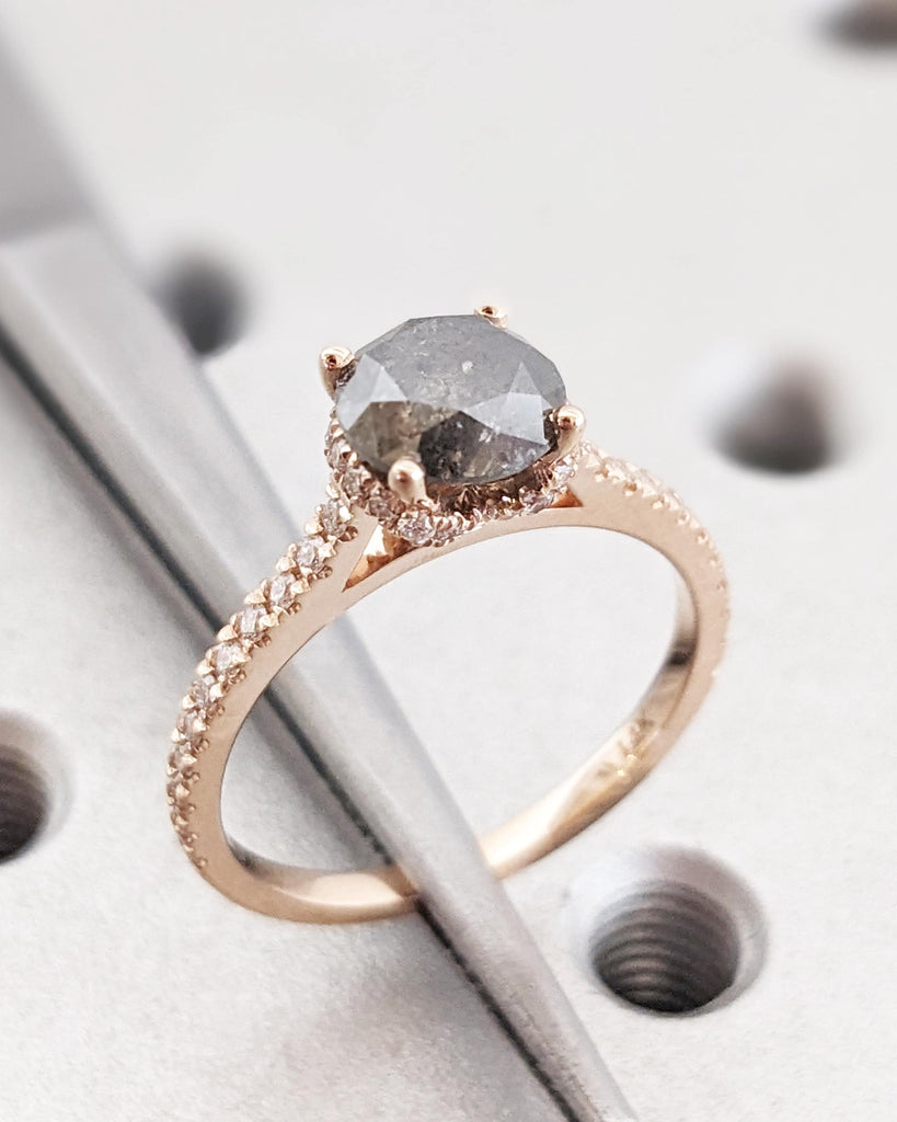 1.5CT Natural Salt and Pepper Diamond Engagement Ring, 14K Rose Gold Promise Ring, Vintage Art Deco Hidden Halo Half Eternity Pavé Band Ring