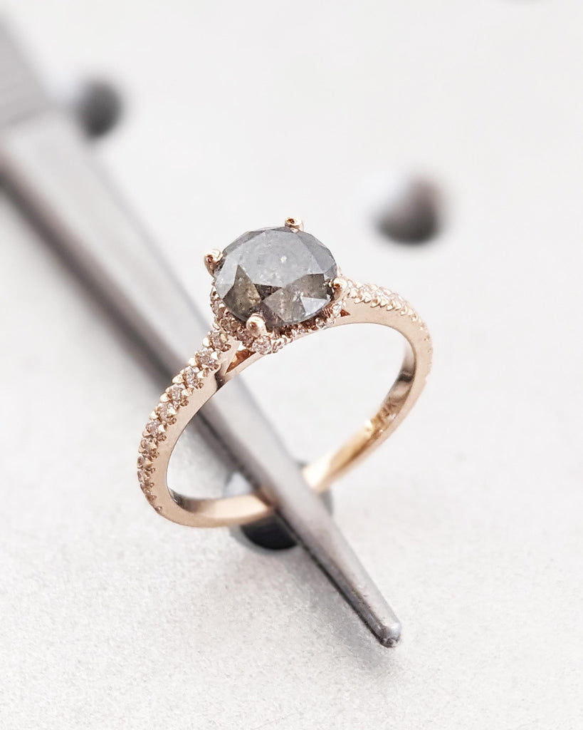Vintage Salt and Pepper Diamond Engagement Ring, 1.5ct Round Cut, Hidden Halo, Half Eternity Pavé Band, Rose Gold Ring, Promise Ring for Her