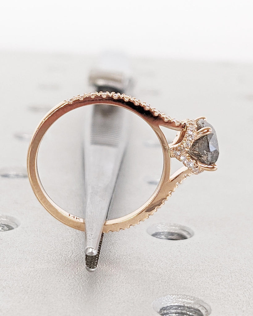 Vintage Salt and Pepper Diamond Engagement Ring, 1.5ct Round Cut, Hidden Halo, Half Eternity Pavé Band, Rose Gold Ring, Promise Ring for Her