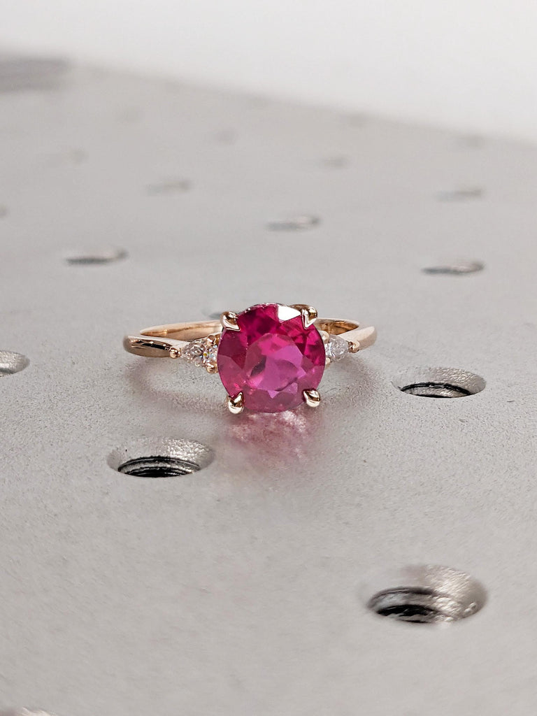 1ct, 2 Carat Ruby Red Gemstone Engagement Ring | Art Deco Wedding Anniversary Real Gold Rings for Women | Three Stone Thin Engagement Ring