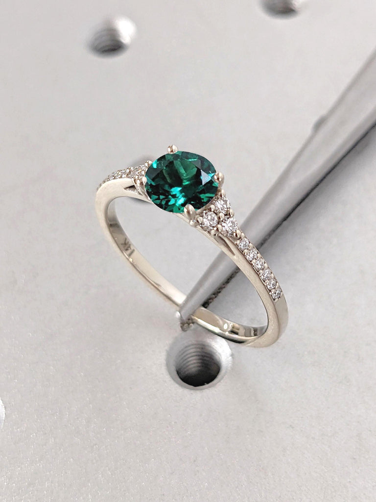 Lab Emerald and Natural Diamond Engagement Ring | May Birthstone Ring Gift for Her | Round cut Ring | Woman Bridal Ring | Solid Gold Jewelry
