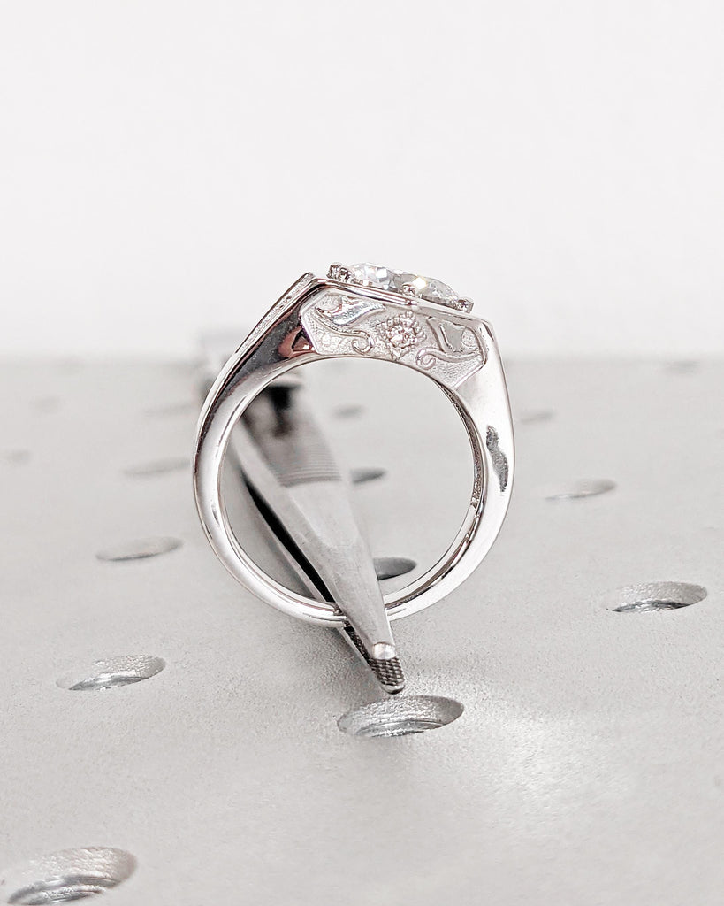 Vintage Art Deco Moissanite Engagement Ring, Antique Inspired Unique Hexagon Ring, 14K White Gold Anniversary Promise Ring Gift, Signet Ring