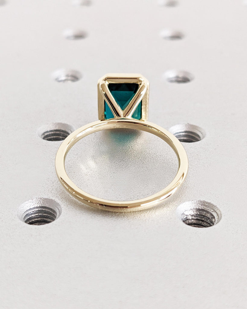 Unique May Birthstone Ring - 14K Gold Emerald Cut Lab Emerald Engagement Ring - Bezel Set Emerald Anniversary Ring - Vintage Solitaire Ring