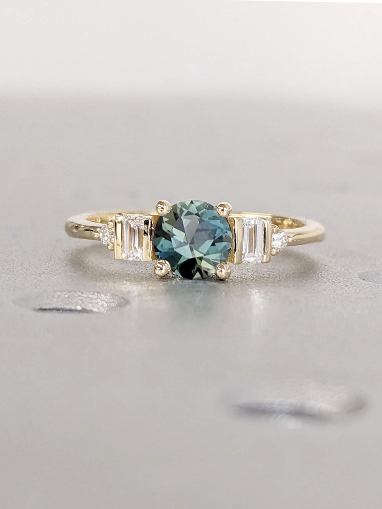 Round cut Engagement Ring | 14k 18k Gold Natural Sapphire Ring | Teal Sapphire Wedding Ring | Bar Setting Ring