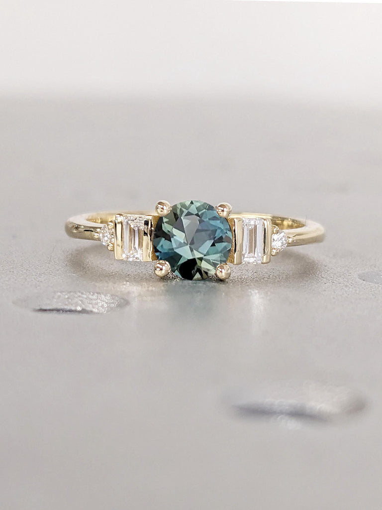 Round cut Engagement Ring | 14k 18k Gold Natural Sapphire Ring | Teal Sapphire Wedding Ring | Bar Setting Ring