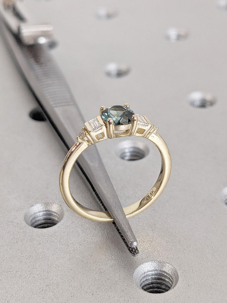 Unique Natural Teal Sapphire and Diamond Engagement Ring | 0.5ct Round cut Sapphire Yellow Gold Promise Ring | 14k Thin Gold Rings for Women