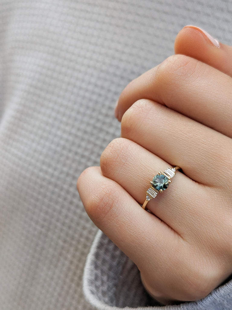 Blue Green Sapphire Ring | Gemstone Engagement Ring | Greenish Sapphire Wedding Anniversary Ring | 14k Yellow Gold Rings for Women