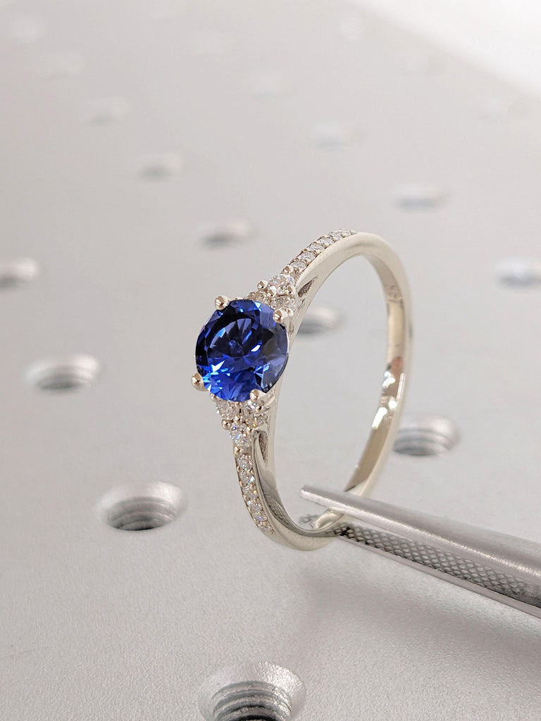 Sapphire and Diamond Engagement Ring | Solid White Gold Ring | 14k 18k Sapphire Engagement Ring | Gold Ring for Her