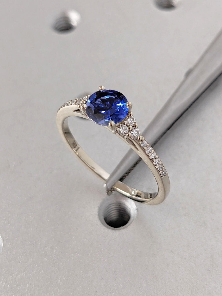 Sapphire and Diamond White Gold Ring | Round Tiny Moissanite Half Eternity Band | Sapphire Wedding Anniversary Ring | Round Engagement Ring