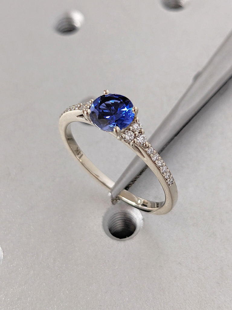 September Birthstone Blue Sapphire Engagement Ring | 1ct, 1.5 Carat Round Sapphire 14k Gold Rings for Women | Diamond Cluster Promise Ring