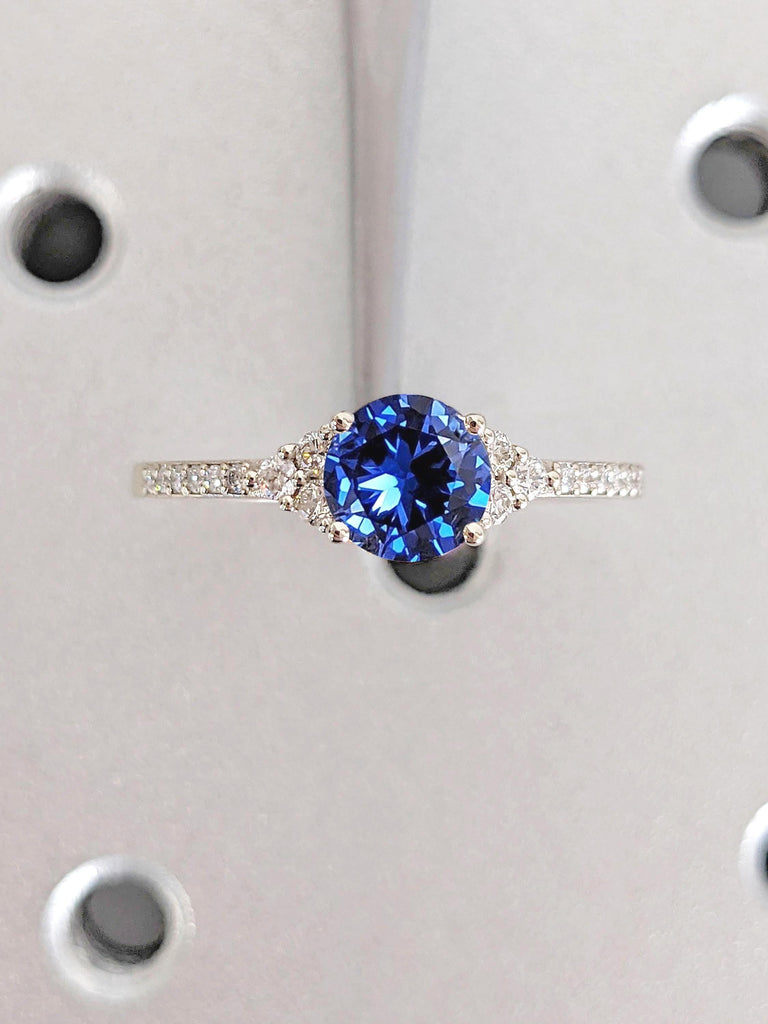 1 Carat Blue Sapphire and Lab Diamond Cluster Engagement Ring | Woman Bridal Ring | Wedding Anniversary Gift for Her Wife | Handmade Fine Jewelry
