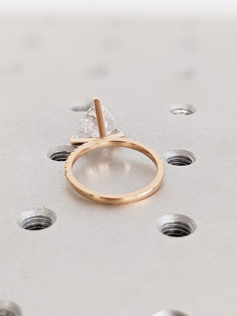 18K Rose Gold Trillion Cut Moissanite Engagement Ring, Prong Band Wedding Ring, Rose Gold Stackable Promise Ring, Dainty Ring Gift for Her