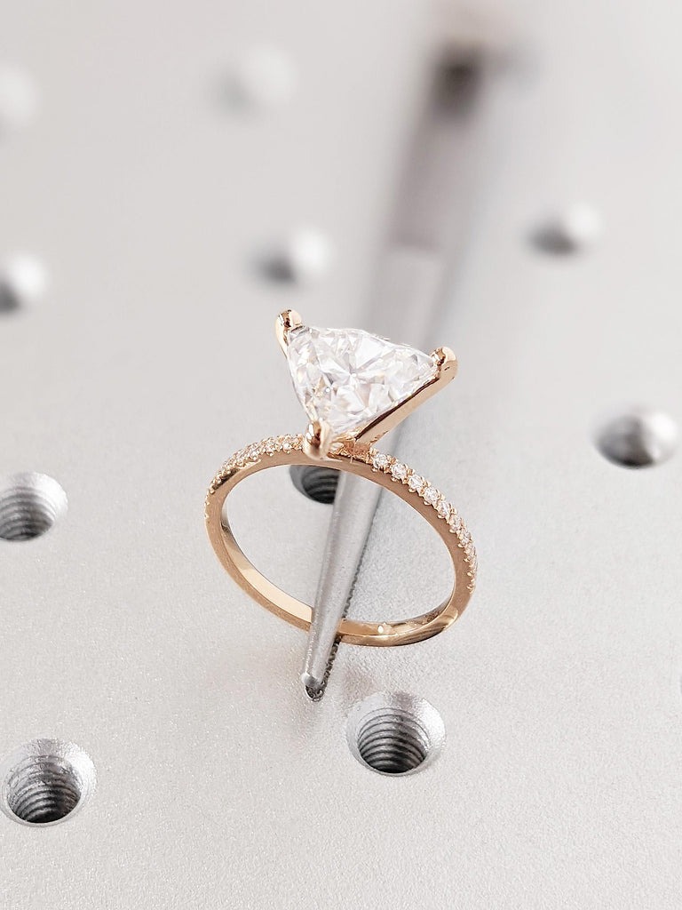 18K Rose Gold Trillion Cut Moissanite Engagement Ring, Prong Band Wedding Ring, Rose Gold Stackable Promise Ring, Dainty Ring Gift for Her