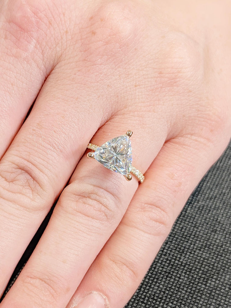 18K Rose Gold Trillion Cut Moissanite Engagement Ring, Prong Band Wedding Ring, Rose Gold Stackable Promise Ring, Dainty Ring Gift for Her