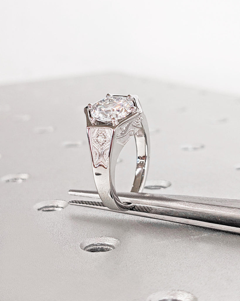 Vintage Art Deco Moissanite Engagement Ring, Antique Inspired Unique Hexagon Ring, 14K White Gold Anniversary Promise Ring Gift, Signet Ring