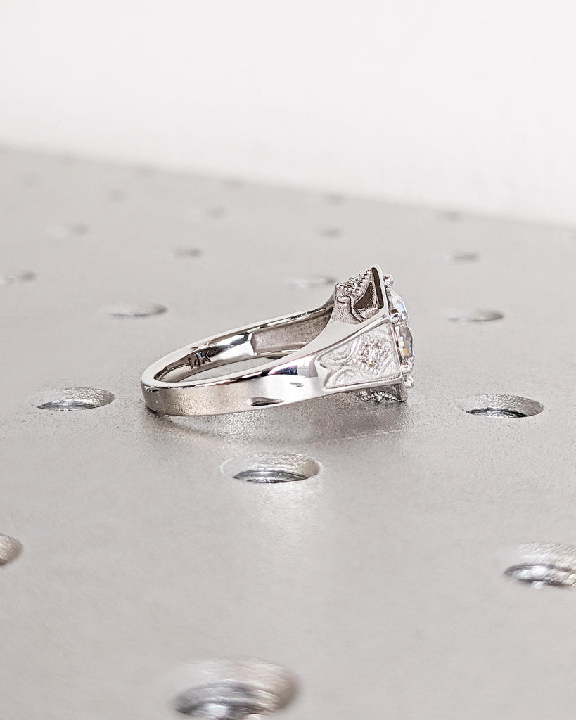 Vintage Art Deco Moissanite Engagement Ring, Antique Inspired Unique Hexagon Ring, 14K White Gold Anniversary Promise Ring Gift, Signet Ring