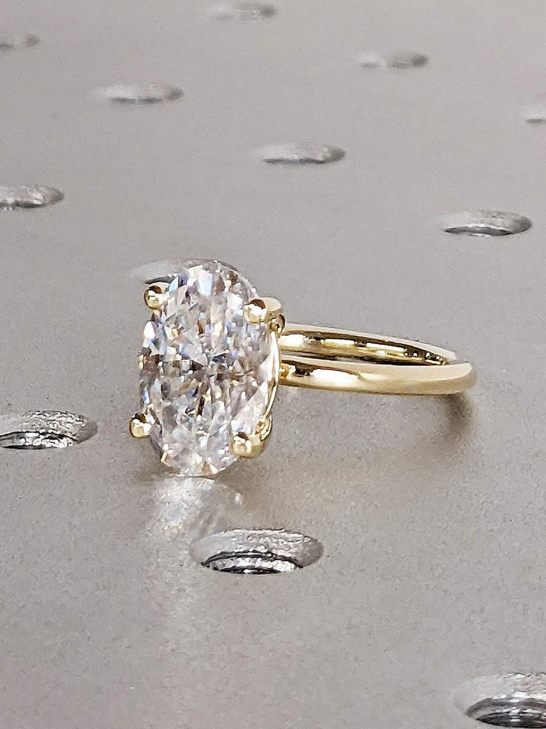 Crushed Ice Oval Moissanite Engagement Ring, 14K Yellow Gold Thin Band Solitaire, Dainty Promise Ring, Gold Rings for Women, Gift For Her