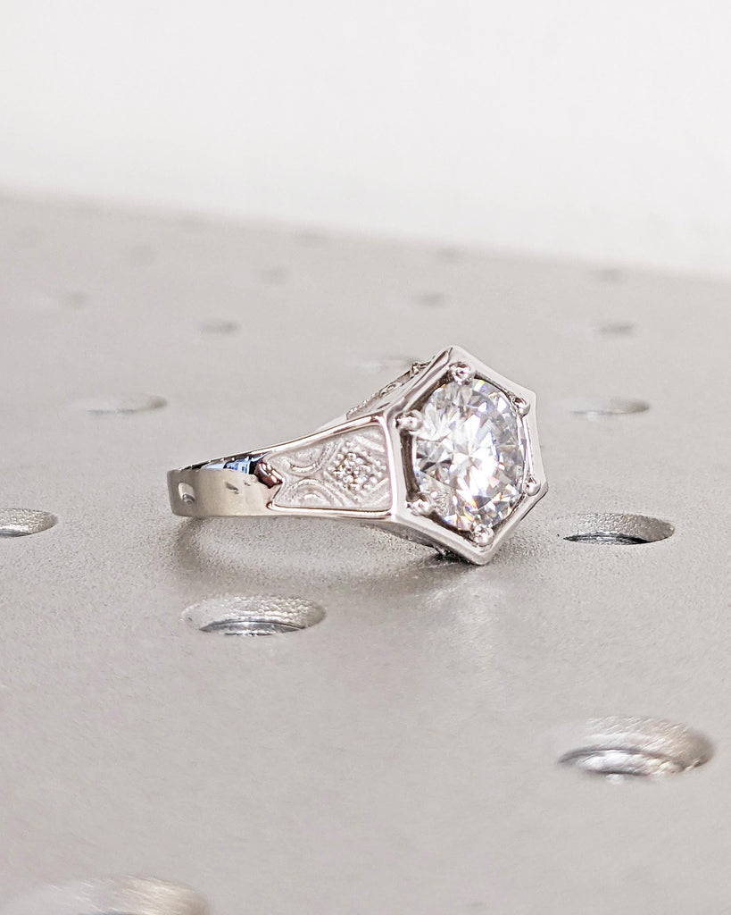 Unique Hexagon Round Moissanite Ring, Antique Hexagon Bezel Setting, Vintage Inspired Gold Antique Ring, Round Hexagon Setting Art Deco Ring