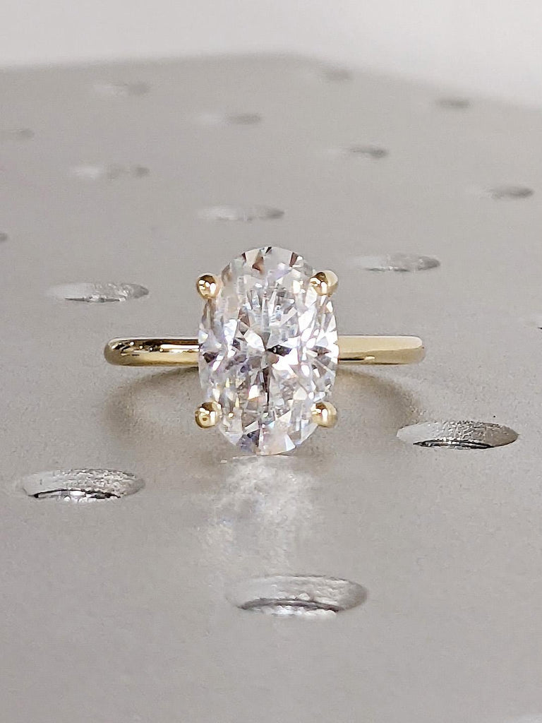 Crushed Ice Oval Moissanite Engagement Ring, 14K Yellow Gold Thin Band Solitaire, Dainty Promise Ring, Gold Rings for Women, Gift For Her