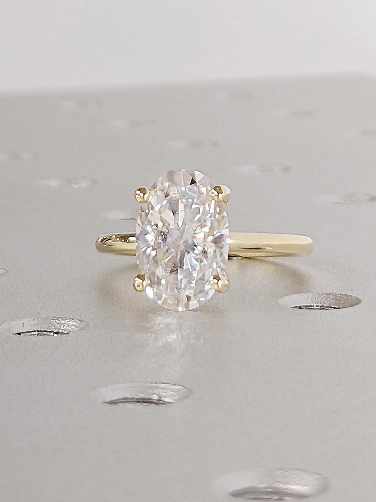 Crushed Ice Oval Moissanite Engagement Ring, 14K Yellow Gold Thin Band Solitaire, Dainty Promise Ring, Gold Rings for Women, Gift For Her