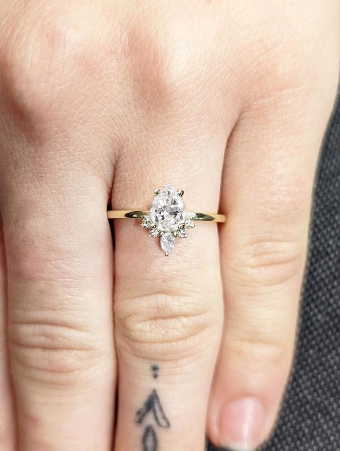 1ct VVS Moissanite Unique Proposal Ring | Solid Yellow Gold Engagement Ring for Her | Pear and Round cut Ring