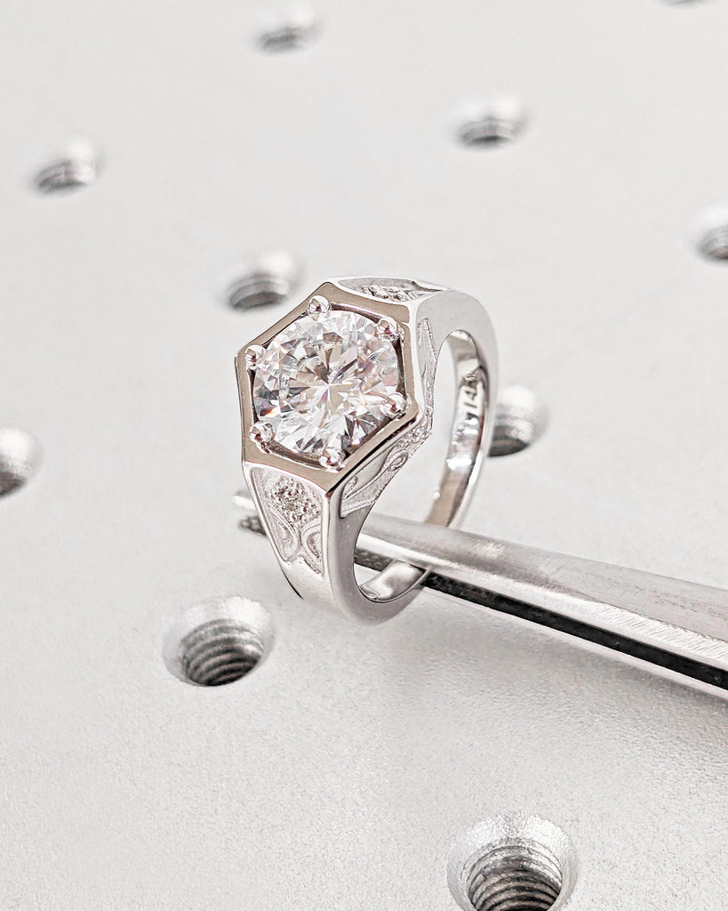 Vintage Art Deco Lab Diamond Engagement Ring, Antique Inspired Unique Hexagon Ring, 14K White Gold Anniversary Promise Ring Gift Signet Ring
