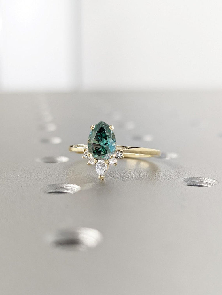 1ct Green Moissanite Unique Engagement Ring | Solid Yellow Gold Ring for Her | Pear and Round cut Ring | Half Halo Green Gemstone Ring