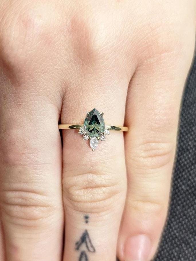 Pear cut Green Moissanite Half Halo Engagement Ring | 14k 18k Gold Wedding Ring | Diamond Cluster Ring | Delicate Engagement Ring | Promise Ring