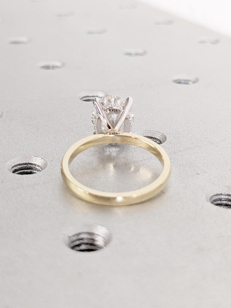 Oval Engagement Ring, Two Tone Ring, Vintage Lab Grown Diamond Solitaire Ring, Hidden Halo Lab Diamond Ring, Gold Statement Rings for Women image #3