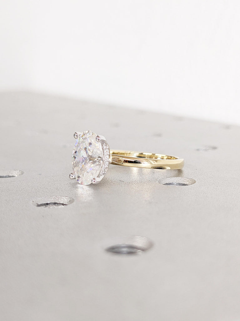 Oval Engagement Ring, Two Tone Ring, Vintage Lab Grown Diamond Solitaire Ring, Hidden Halo Lab Diamond Ring, Gold Statement Rings for Women image #9