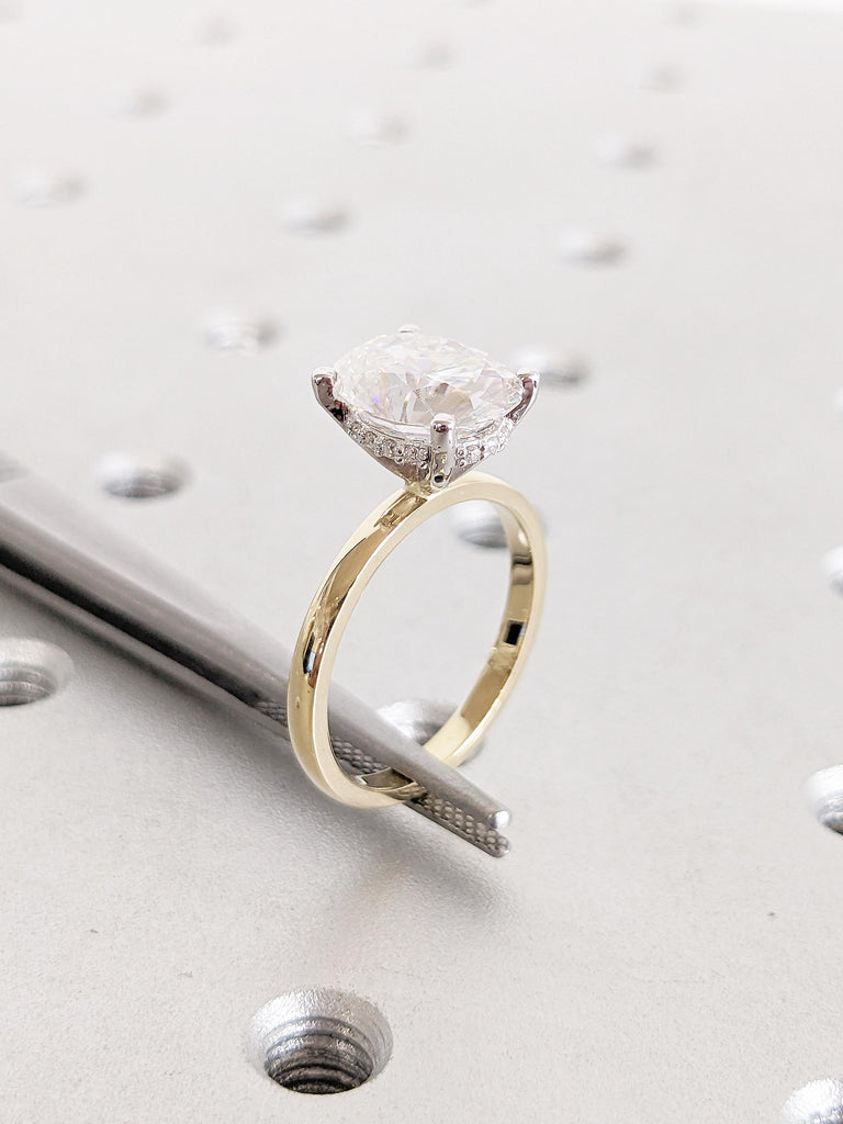 Oval Engagement Ring, Two Tone Ring, Vintage Lab Grown Diamond Solitaire Ring, Hidden Halo Lab Diamond Ring, Gold Statement Rings for Women image #10