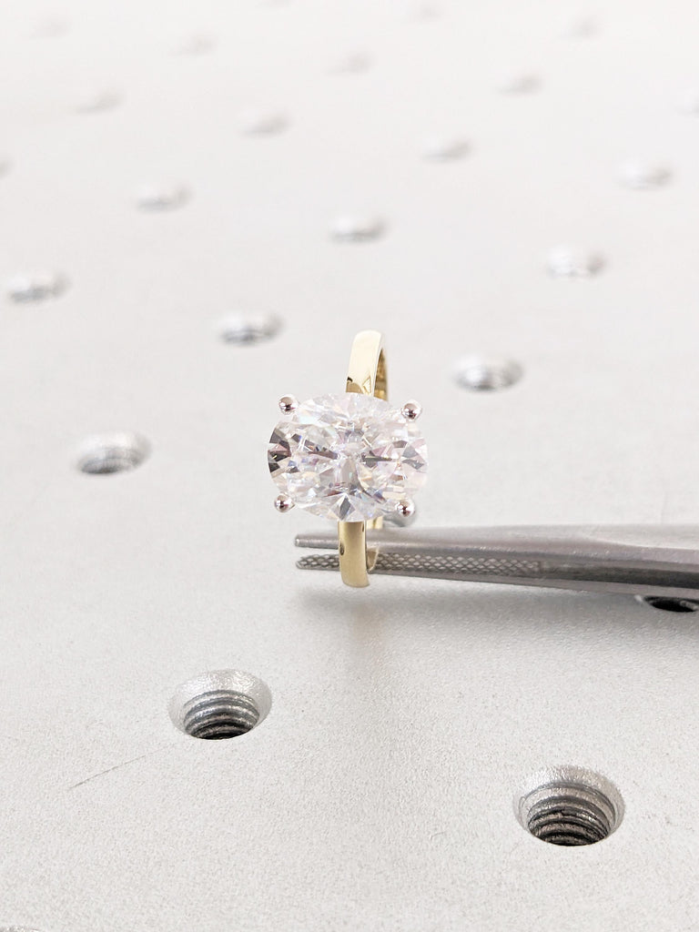 Oval Engagement Ring, Two Tone Ring, Vintage Lab Grown Diamond Solitaire Ring, Hidden Halo Lab Diamond Ring, Gold Statement Rings for Women image #2