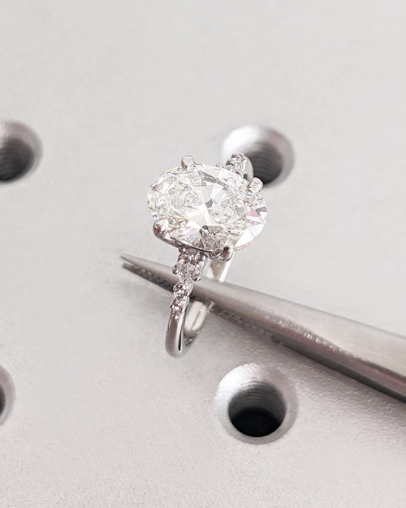 Lab Grown Diamond Engagement Ring | Oval Lab Diamond Ring | Platinum, 14K Solid Gold Wedding Ring | Pear Moissanite or Diamond Cluster Ring