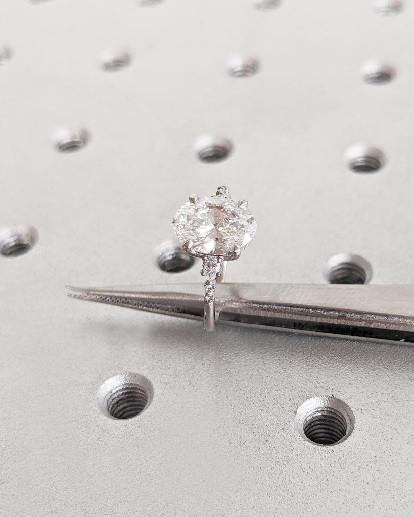 Lab Grown Diamond Engagement Ring | Oval Lab Diamond Ring | Platinum, 14K Solid Gold Wedding Ring | Pear Moissanite or Diamond Cluster Ring