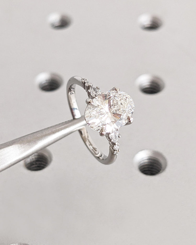 Lab Grown Diamond Engagement Ring | Oval Lab Diamond Ring | Platinum, 14K Solid Gold Wedding Ring | Pear Moissanite or Diamond Cluster Ring image #1